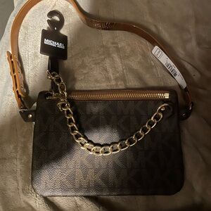 Michael Kors Brown Logo Crossbody with Gold Chain and Tan Strap